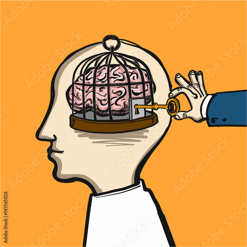 opening mind - conceptual vector illustration of cage in head with brain inside and hand opening it with key