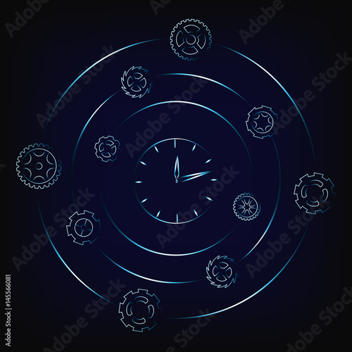clock surrounded by spinning gearwheels and cogwheels