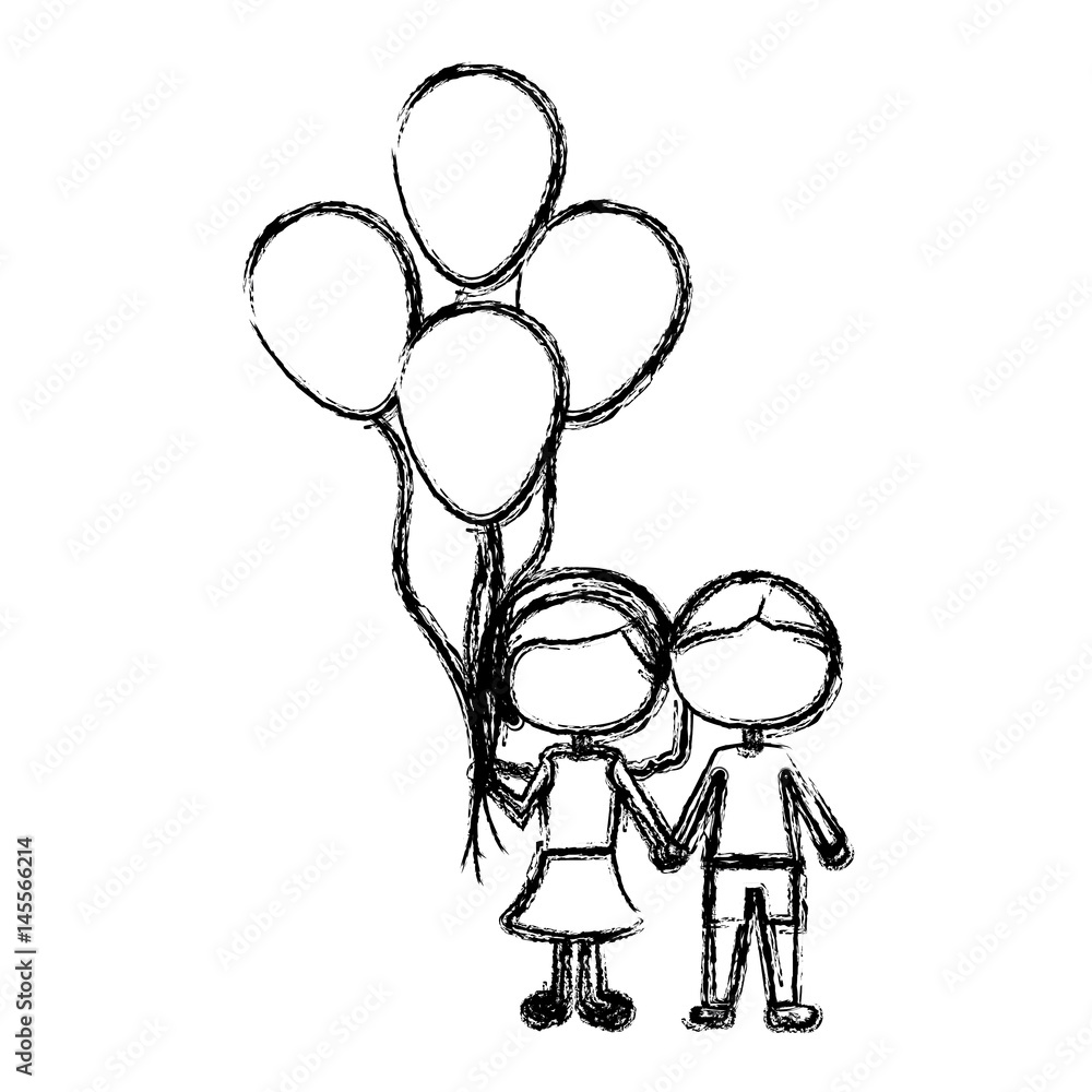 monochrome sketch of caricature faceless couple in suit informal with many balloons vector illustration monochrome sketch of caricature faceless couple in suit informal with many balloons vector illustration