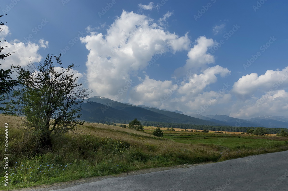 Majestic mountain top overgrown with coniferous forest, valley, glade and road, Rila mountain, Bulgaria Majestic mountain top overgrown with coniferous forest, valley, glade and road, Rila mountain, Bulgaria