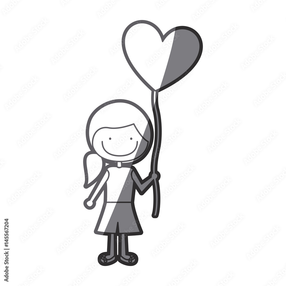 grayscale silhouette of caricature of smiling girl with short pants and ponytail hair and balloon in shape of heart vector illustration grayscale silhouette of caricature of smiling girl with short pants and ponytail hair and balloon in shape of heart vector illustration