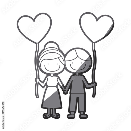 grayscale silhouette of caricature of boy and girl with balloon in shape of heart vector illustration