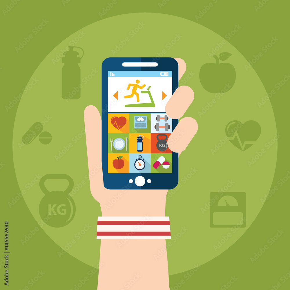 Hand holding a phone with weight lifting application scheduler vector illustration. Hand holding a phone with weight lifting application scheduler vector illustration.