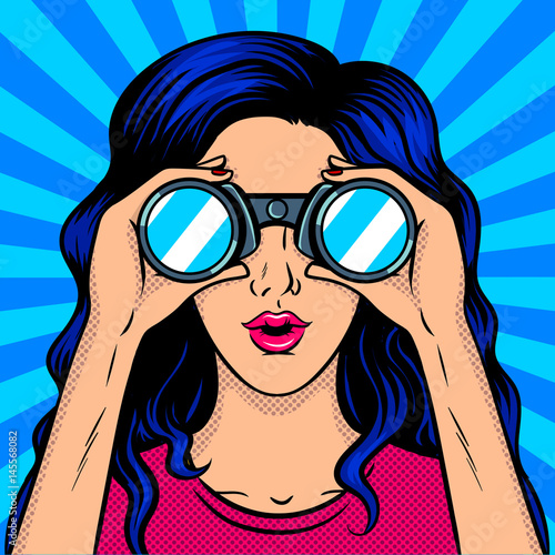 Woman looks through binocular pop art vector