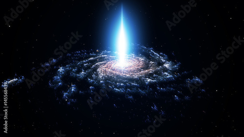 Spiral nebula and light ray in deep space with stars. 3D rendering
