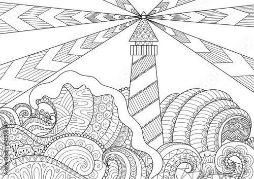 Seascape line art design for coloring book for adult, anti stress coloring - stock vector - stock vector