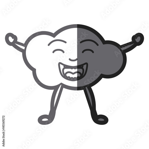 grayscale thick silhouette of caricature of the cloud smiling with arms and legs vector illustration