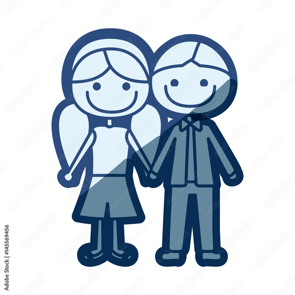 blue silhouette of caricature boy short hair and girl pigtails hairstyle with taken hands vector illustration