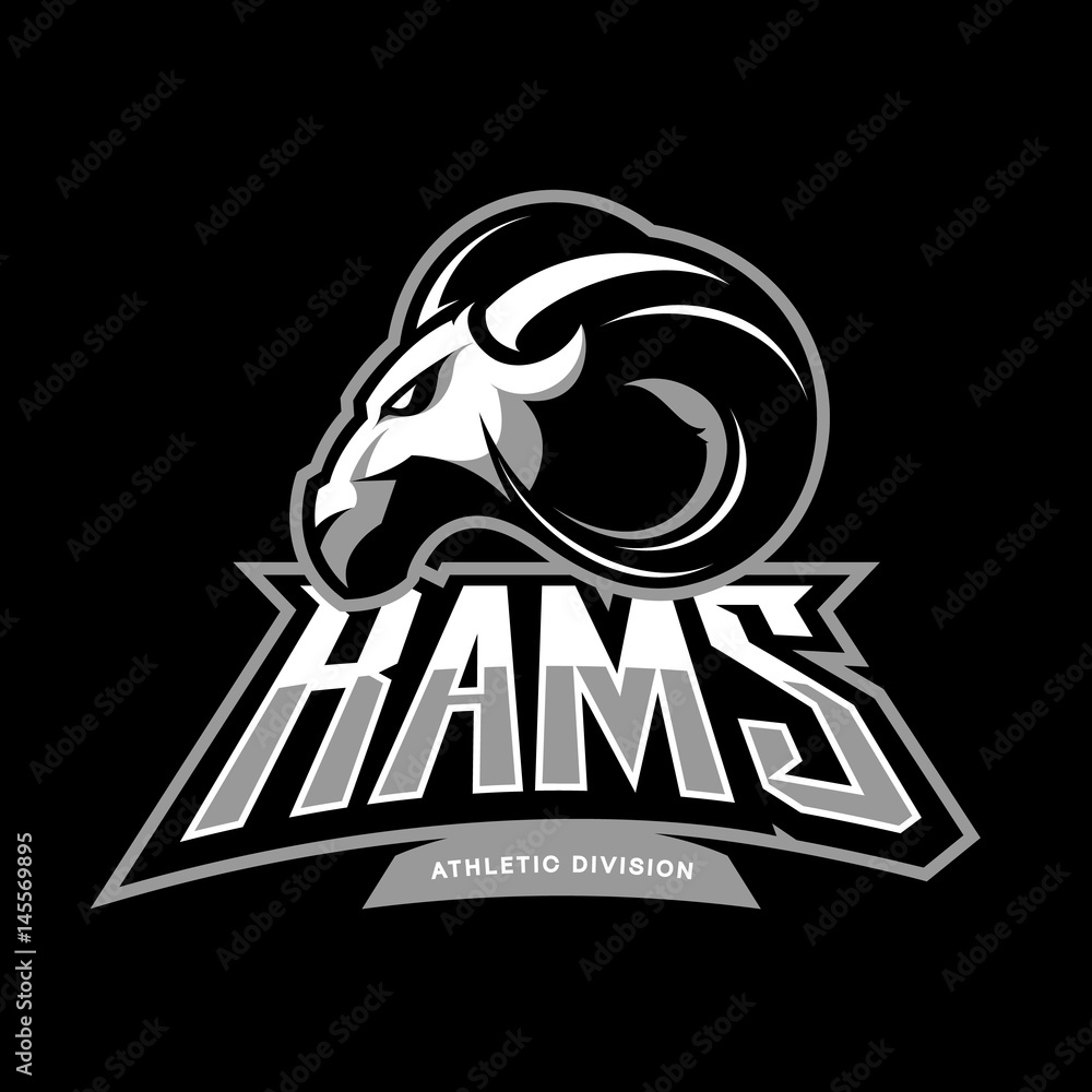 Obraz premium Furious ram sport club vector logo concept isolated on black background. Premium quality wild ram animal athletic division t-shirt tee print illustration.