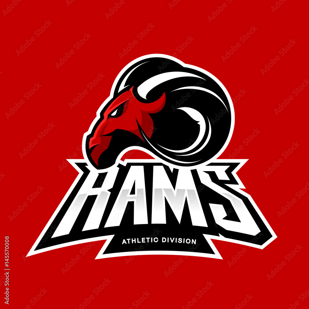 Fototapeta premium Furious ram sport club vector logo concept isolated on red background. Modern professional team badge mascot design. Premium quality wild ram animal athletic division t-shirt tee print illustration.