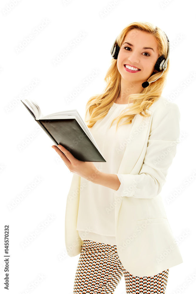 Beautiful consultant of call center in headphones Beautiful consultant of call center in headphones