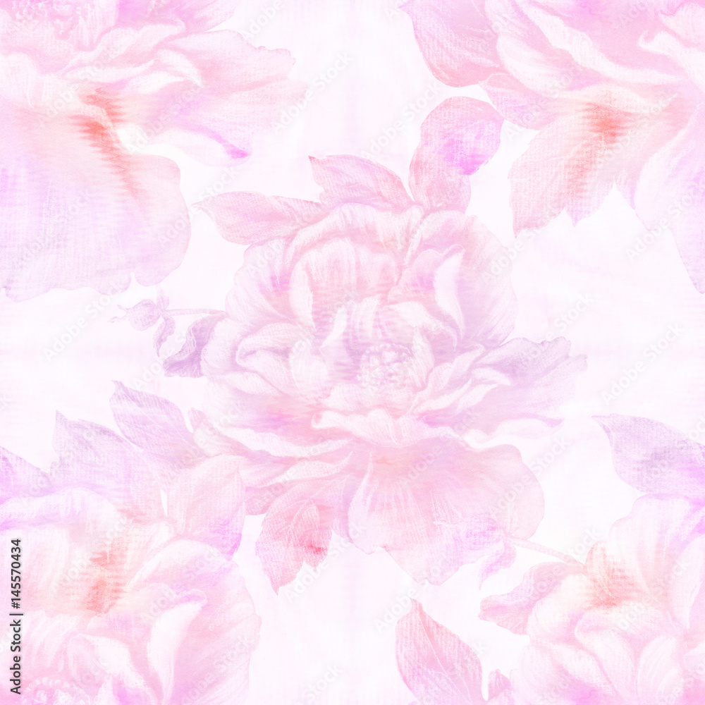Peony flowers on a watercolor background. Seamless pattern. Abstract wallpaper with floral motifs. Wallpaper. Use printed materials, signs, posters, postcards, packaging.