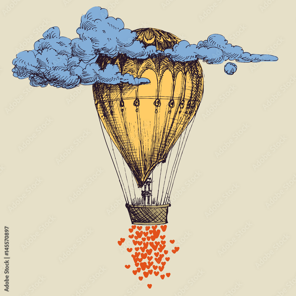 Hot air balloon up in the sky with lots of hearts. Love concept Stock ...
