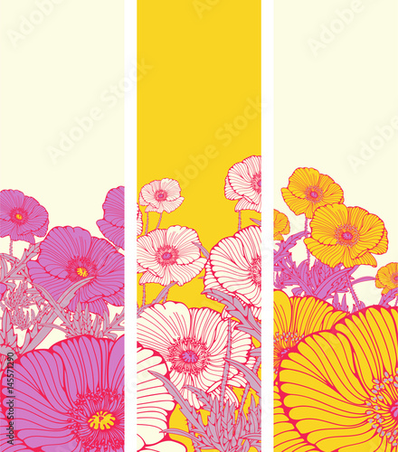 bookmarks with stylized cosmos flowers in yellow and purple