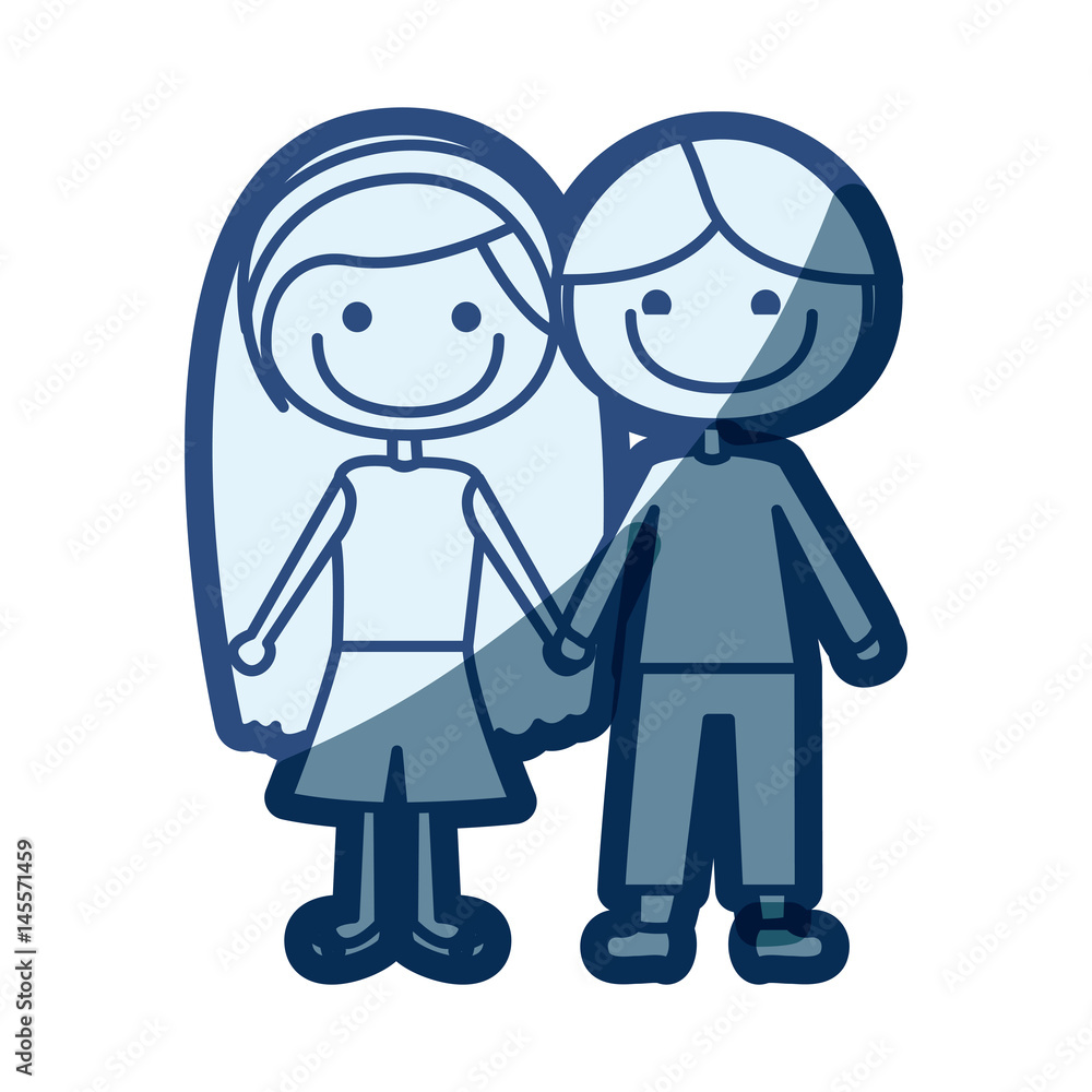 blue silhouette of caricature couple kids in casual clothes with taken hands vector illustration blue silhouette of caricature couple kids in casual clothes with taken hands vector illustration