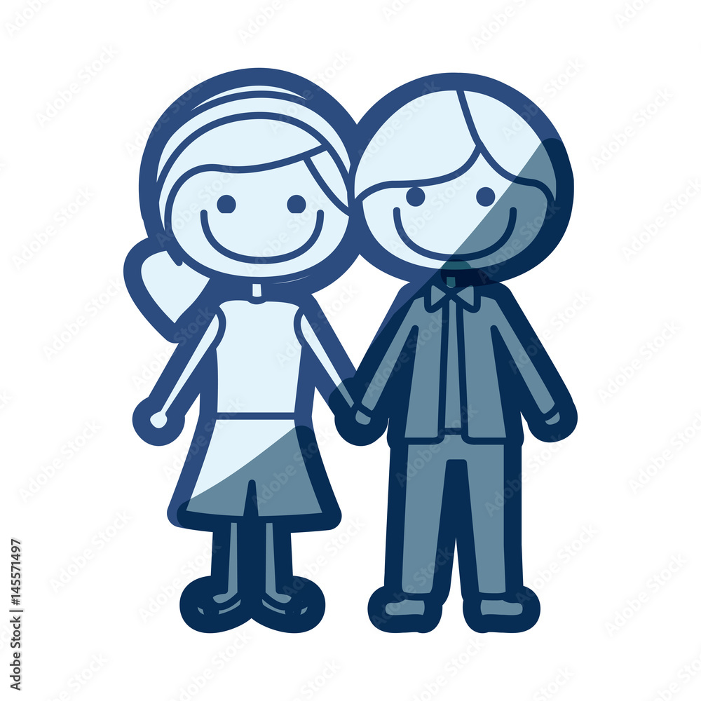 blue silhouette of caricature boy short hair and female side hairstyle with taken hands vector illustration blue silhouette of caricature boy short hair and female side hairstyle with taken hands vector illustration