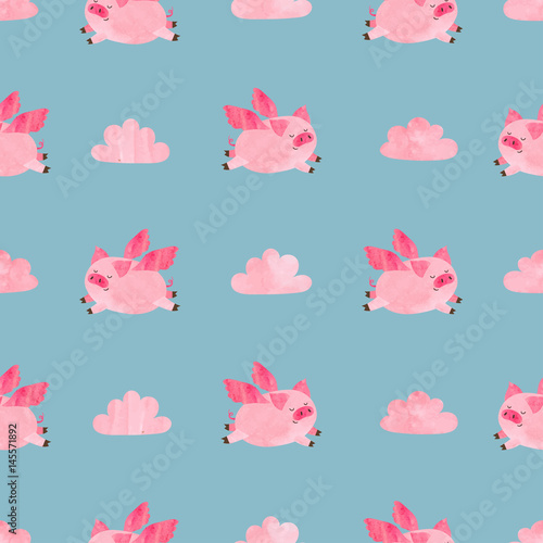 Cute watercolor flying pigs seamless pattern. Valentines day vector background. 