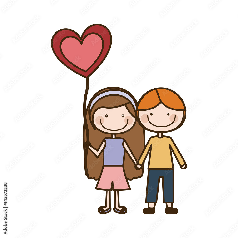 colorful caricature of couple kids in casual clothes with balloon in shape of heart vector illustration colorful caricature of couple kids in casual clothes with balloon in shape of heart vector illustration