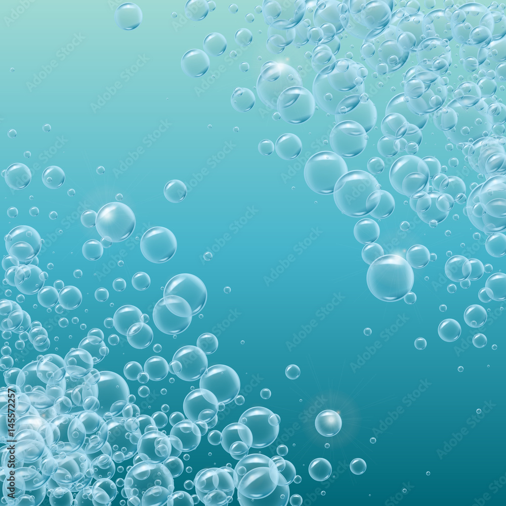 Shampoo square frame of realistic water bubbles with diagonal stripe for text. Cool deep sea with sprays. Cleaning soap foam, shampoo bubbles underwater. For greeting card, banner, flyer, invitation.