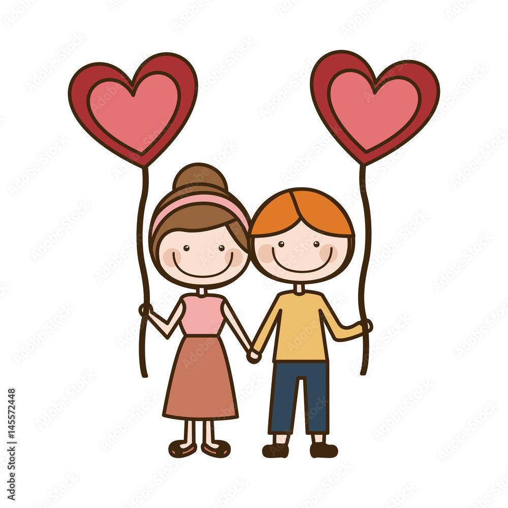 colorful caricature of boy and girl with balloon in shape of heart vector illustration