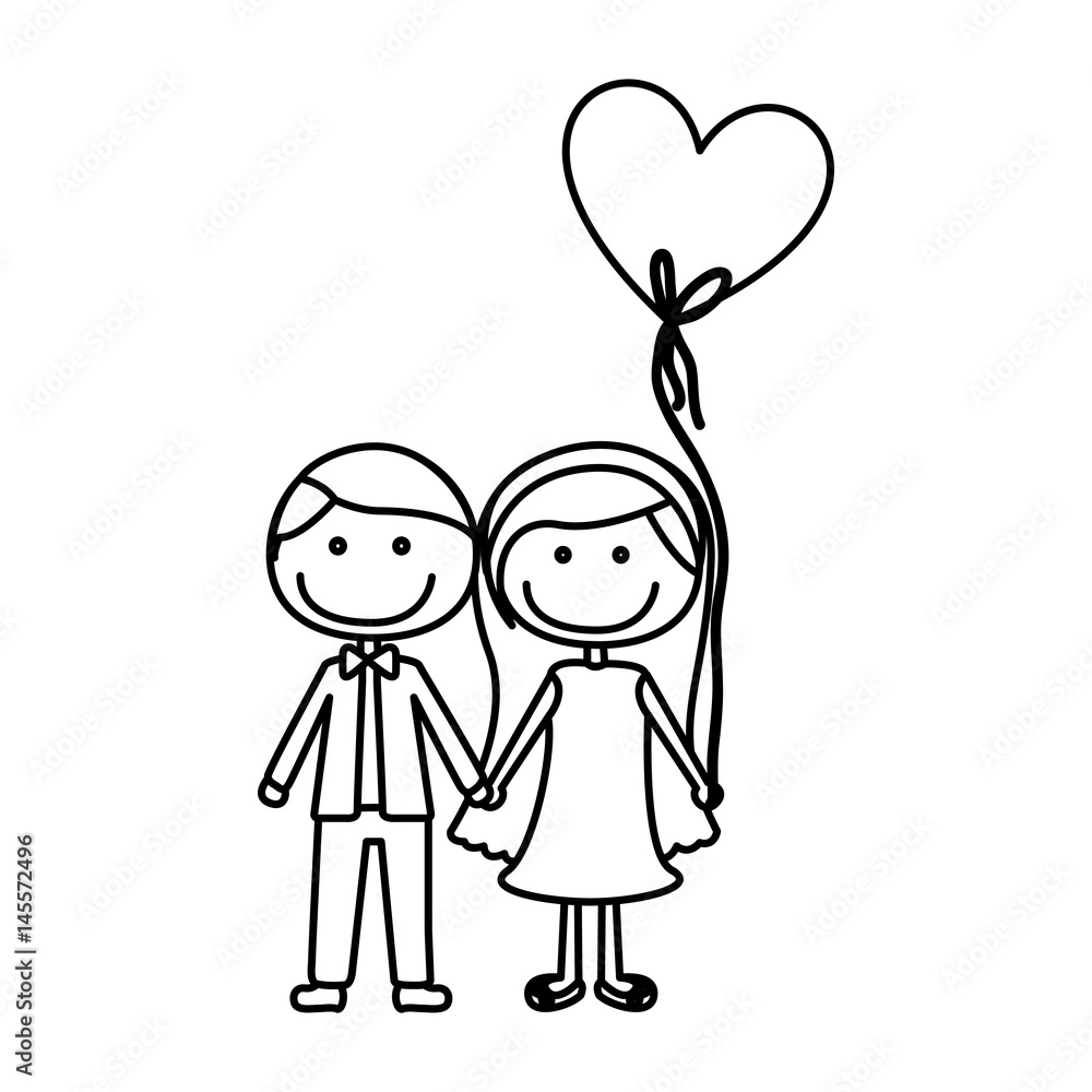 monochrome contour caricature of couple him in formal suit with tie and her in dress with balloon in shape of heart vector illustration monochrome contour caricature of couple him in formal suit with tie and her in dress with balloon in shape of heart vector illustration