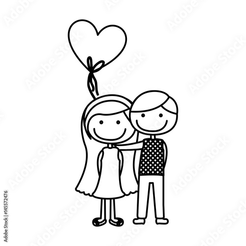 monochrome contour caricature of couple in formal suit and her in dress with balloon in shape of heart vector illustration