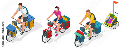 Isometric bikers on bicycle with travelling bag for travel.