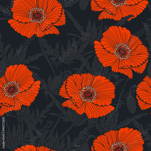 seamless tile with graphic wild poppy in night gray and orange