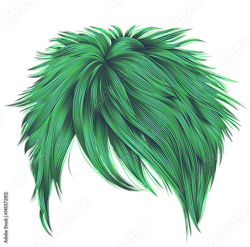 trendy woman short  hairs green colors . fringe . fashion beauty style . realistic  3d .