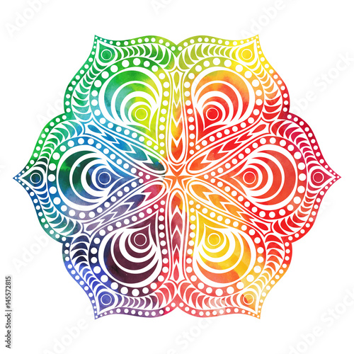 Flower mandala design in oriental style. Watercolor texture and splash
