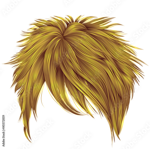 trendy woman short  hairs bright yellow colors . fringe . fashion beauty style . realistic  3d .