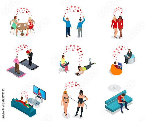Isometric people. LGBT Gay dating and Lesbian Couple Moments. Happiness Concept. Communicate online, watch TV together, relax in a cafe, sadomasochism and expectation of a friend of the situation.