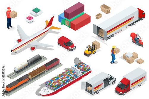 Isometric Logistics icons set of different transportation distribution vehicles, delivery elements. Air cargo trucking, rail transportation, maritime shipping, Vehicles designed to carry large numbers