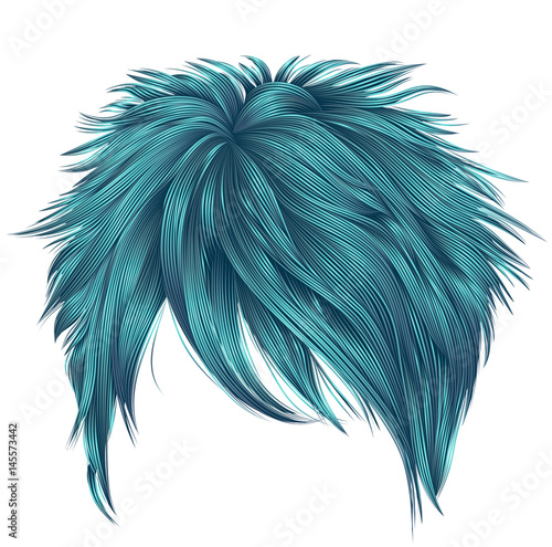 trendy woman short  hairs blue colors . fringe . fashion beauty style . realistic  3d .
