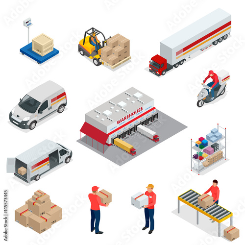Isometric Logistics icons set of different transportation distribution vehicles, delivery elements. Vehicles designed to carry large numbers