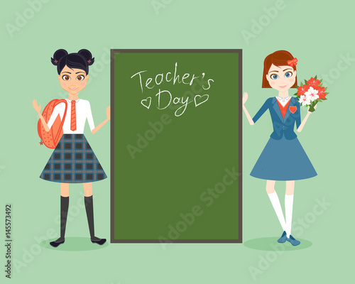 Schoolgirl character. Cartoon vector flat illustration. Congratulation on teacher's day. Girls friend pupil in school uniforms. A student in a traditional school uniform