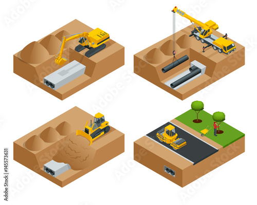 Removing the asphalt road damaged during a water main failure. Laying of new pipes. Road repair concept. Flat 3d vector isometric illustration.