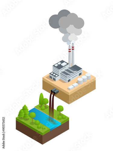 Isometric Pollution of the environment concept. The plant pours dirty water into the river, the pipes smoke and pollute the air. Let s save the Earth. For infographics and design
