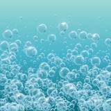 Shampoo floating sprays of realistic water bubbles. Template for aqua park, swimming pool, diving club design. For banner, flyer, party invitation. Cleaning soap foam or shampoo bubbles underwater.