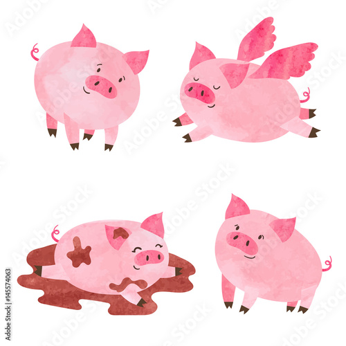 Watercolor cute pigs set. Vector cartoon illustration.