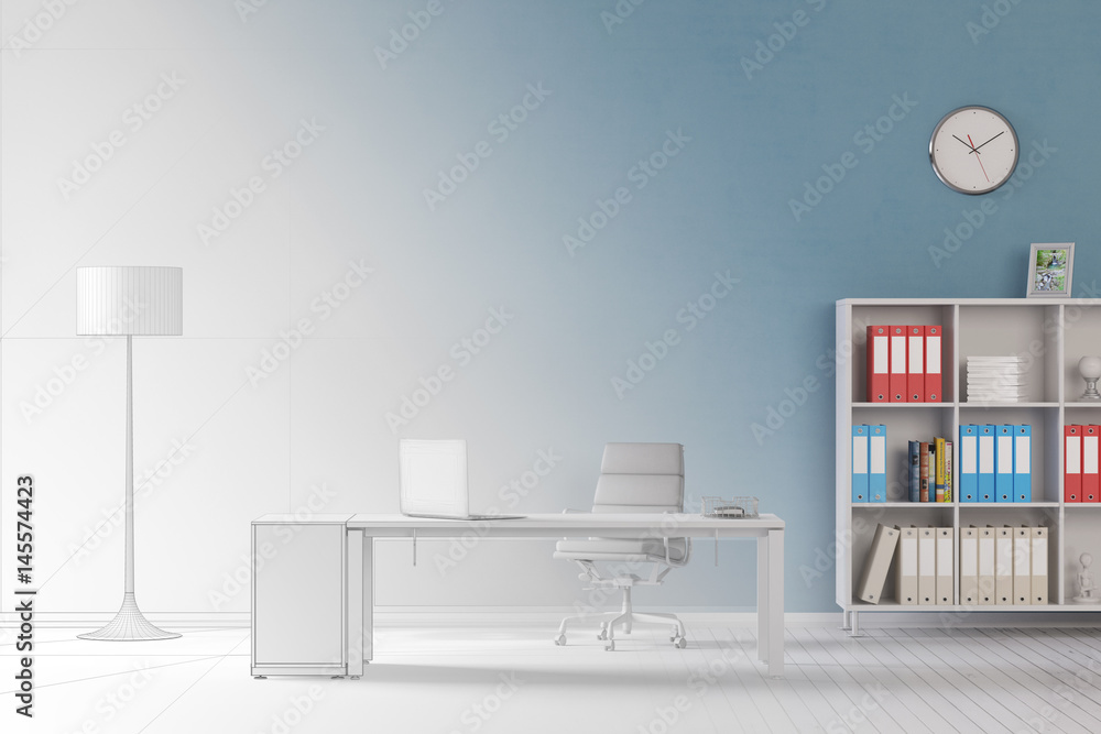 Büro mit Verlauf von CAD Entwurf zu 3D Rendering Büro mit Verlauf von CAD Entwurf zu 3D Rendering