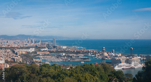 Beautiful Blue commerce. Coastline of Spain in seaside Barcelona. Modern city scape & coastline as seen from high level, cable car over the city. 