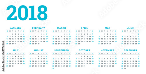 Calendar for 2018 Year on White Background. Week Starts on Sunday. 6 columns, 2 rows. Simple Vector Template. Stationery Design