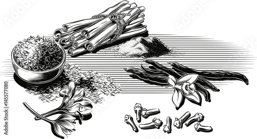 various spices. cloves, vanilla, saffron and a few pieces of cinnamon.