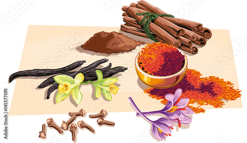 various spices. cloves, vanilla, saffron and a few pieces of cinnamon.