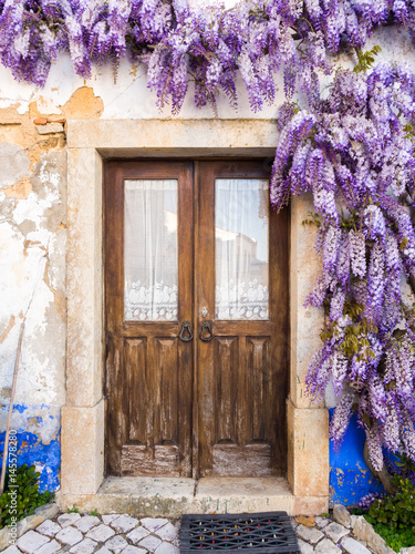 Purple wisteria plant growing arounf doors of an old house in Portugal