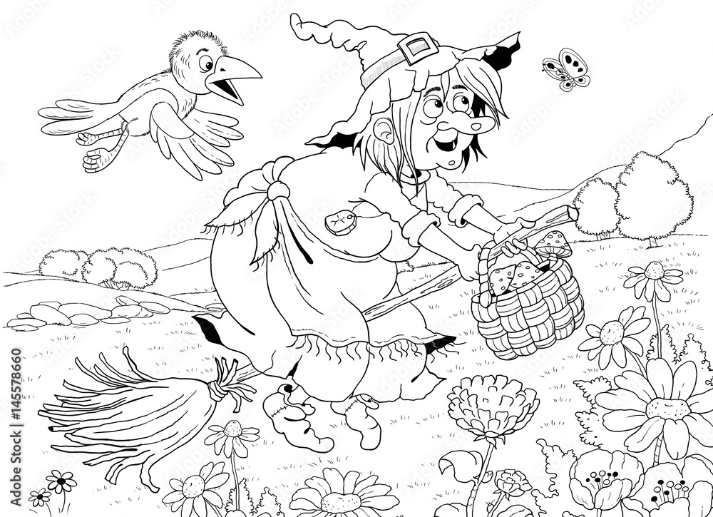 A cute witch flying on the broomstick and her crow. Fairy tale ...