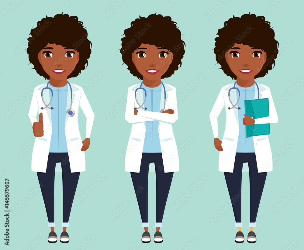 Set. Doctor of African descent in a white coat. In flat style. Cartoon.