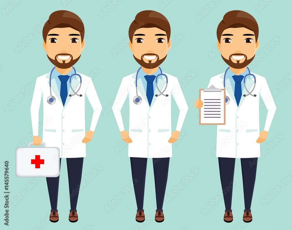 Young doctor standing in different positions. Medicine and health. In flat style. Cartoon. Young doctor standing in different positions. Medicine and health. In flat style. Cartoon.