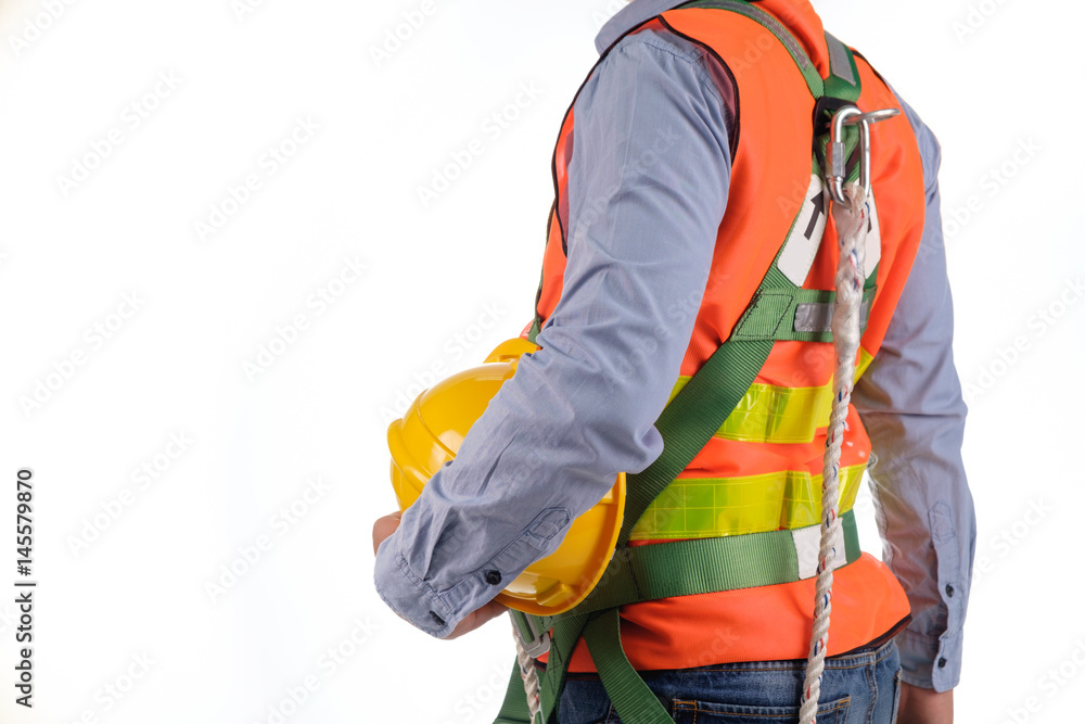 engineer wear fall arrest equipment on white background engineer wear fall arrest equipment on white background